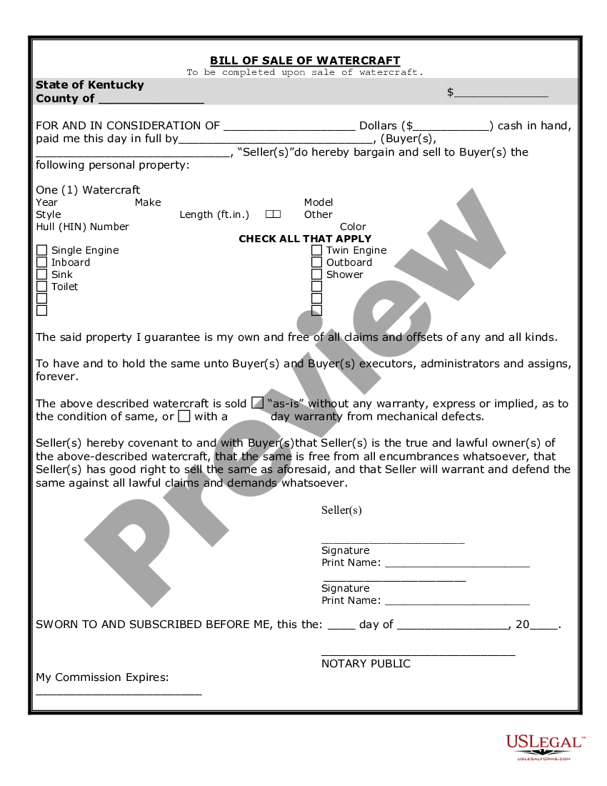 Kentucky Bill of Sale for WaterCraft or Boat - Kentucky Sale Watercraft ...