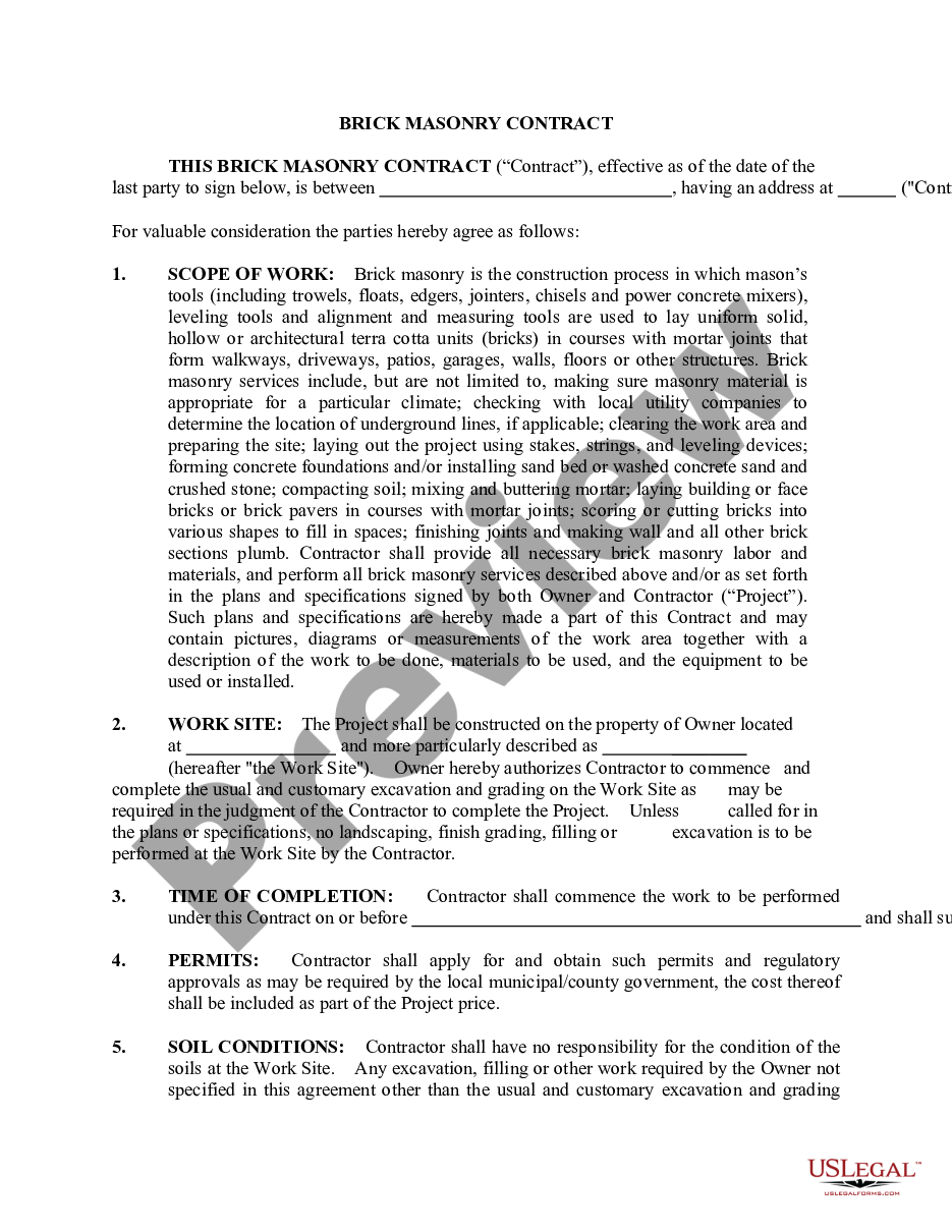 page 0 Brick Mason Contract for Contractor preview