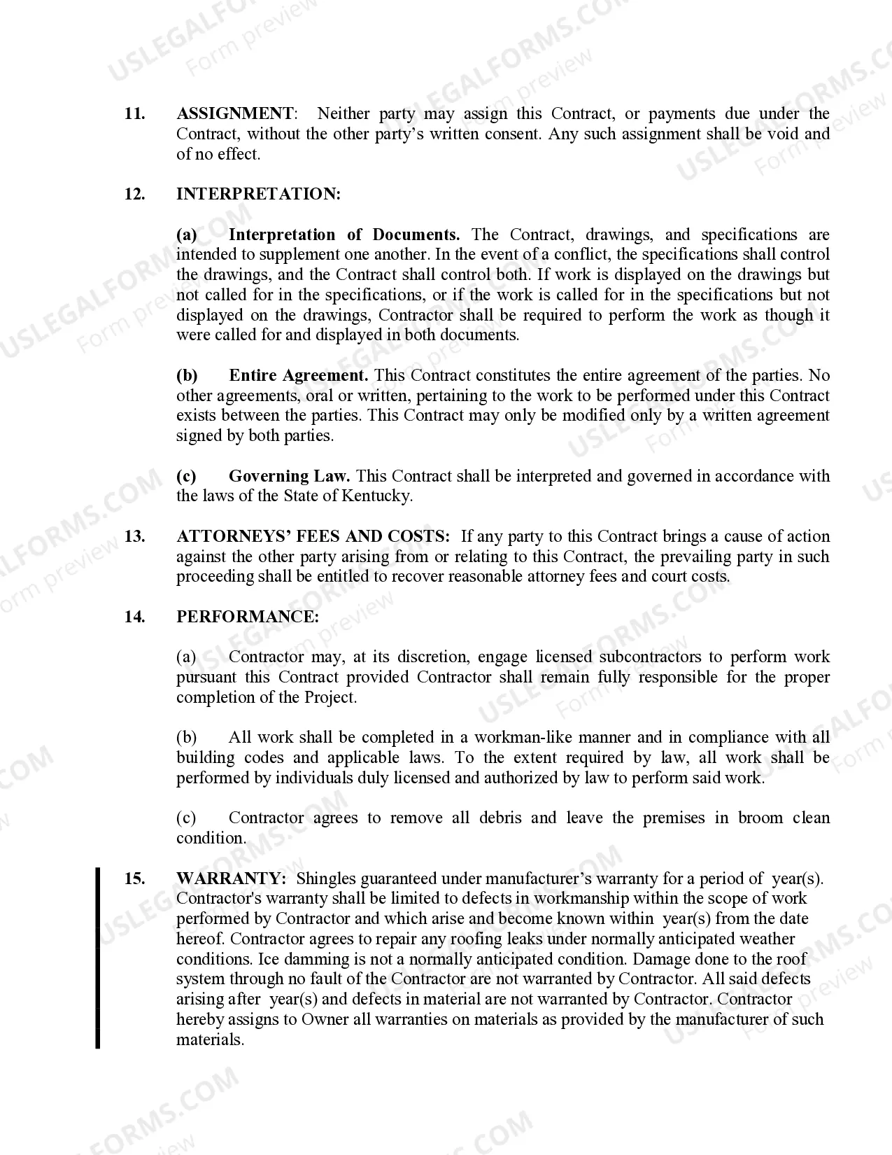 Preview Roofing Contract for Contractor