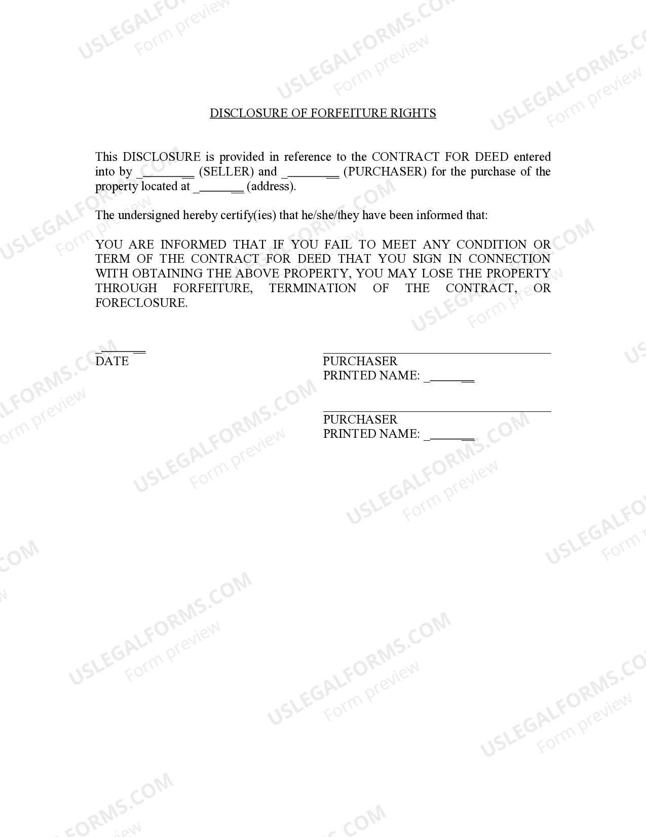 Kentucky Seller's Disclosure of Forfeiture Rights for Contract for Deed