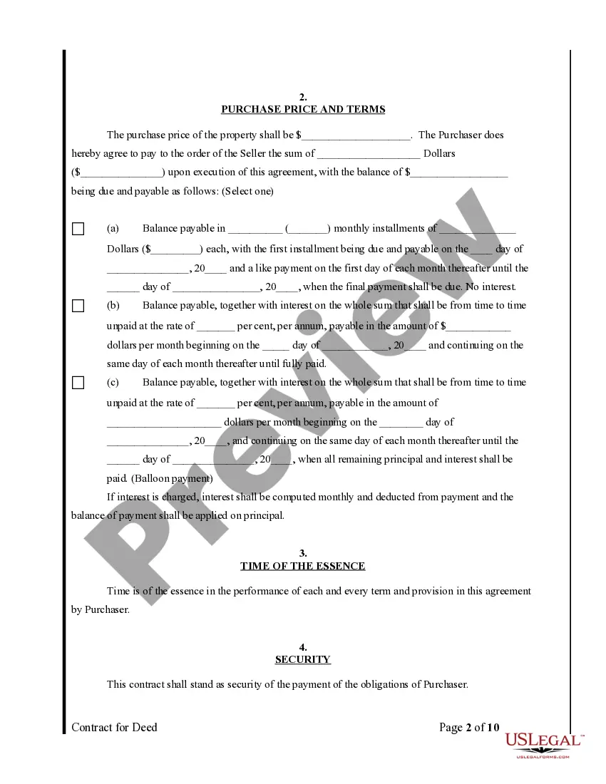 Preview Agreement or Contract for Deed for Sale and Purchase of Real Estate a/k/a Land or Executory Contract