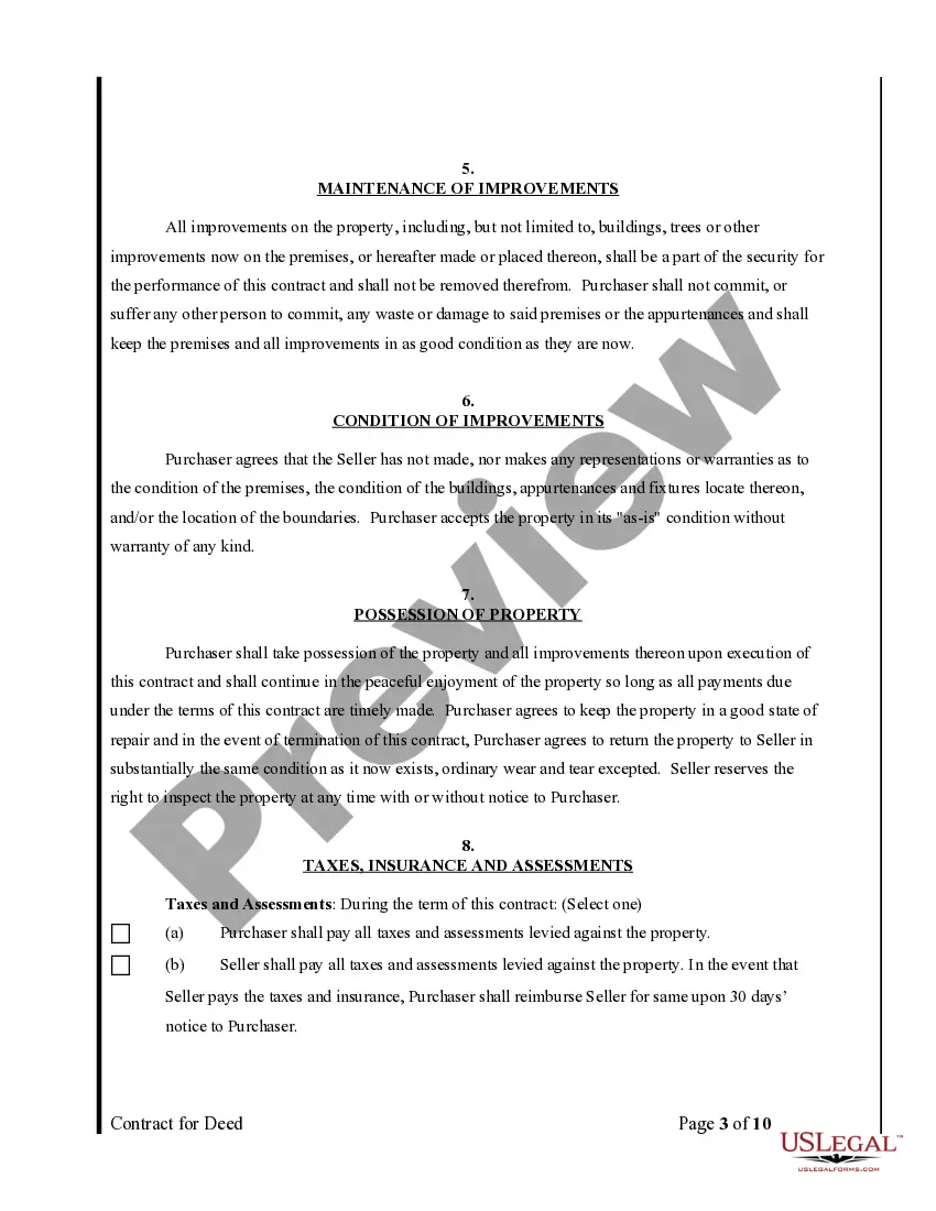 Preview Agreement or Contract for Deed for Sale and Purchase of Real Estate a/k/a Land or Executory Contract