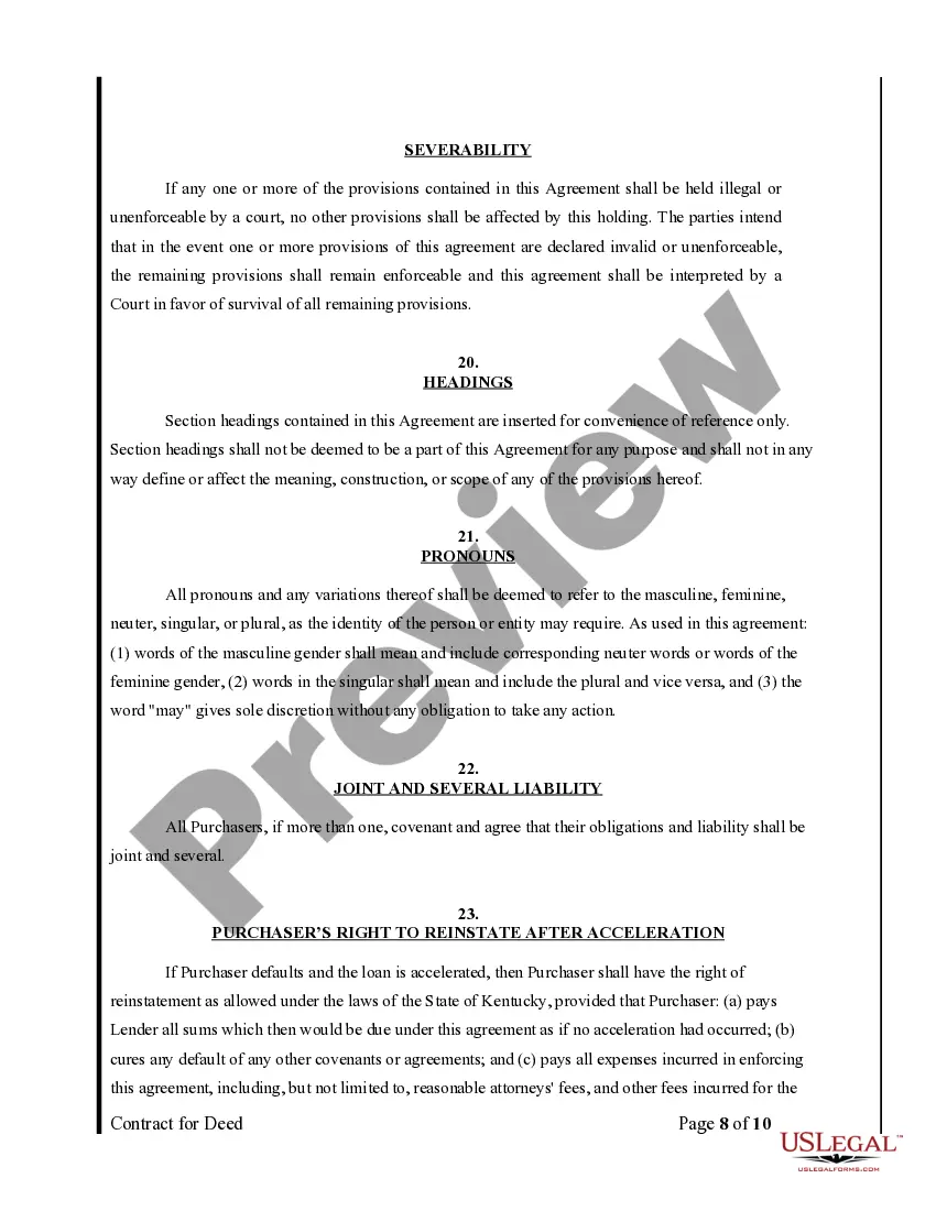 Preview Agreement or Contract for Deed for Sale and Purchase of Real Estate a/k/a Land or Executory Contract
