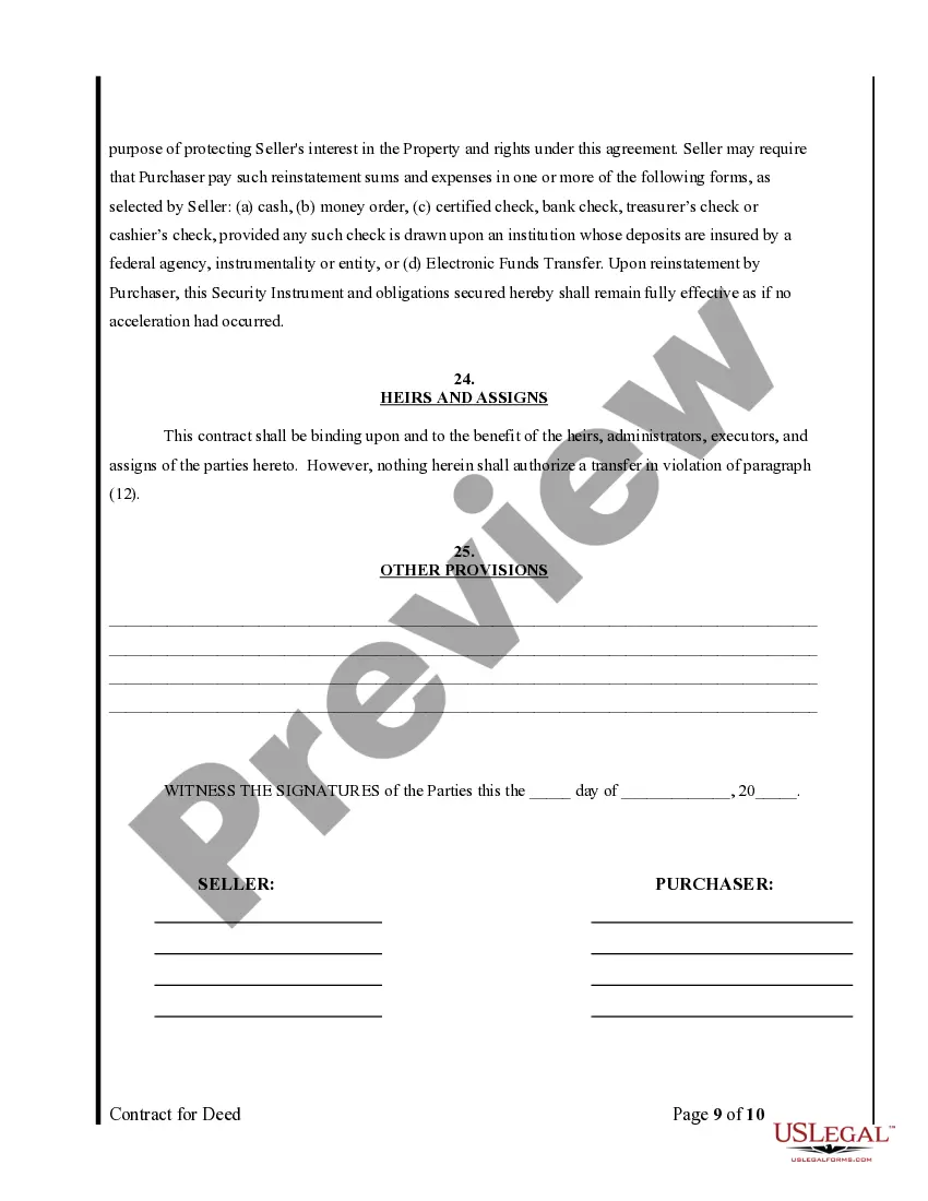 Preview Agreement or Contract for Deed for Sale and Purchase of Real Estate a/k/a Land or Executory Contract