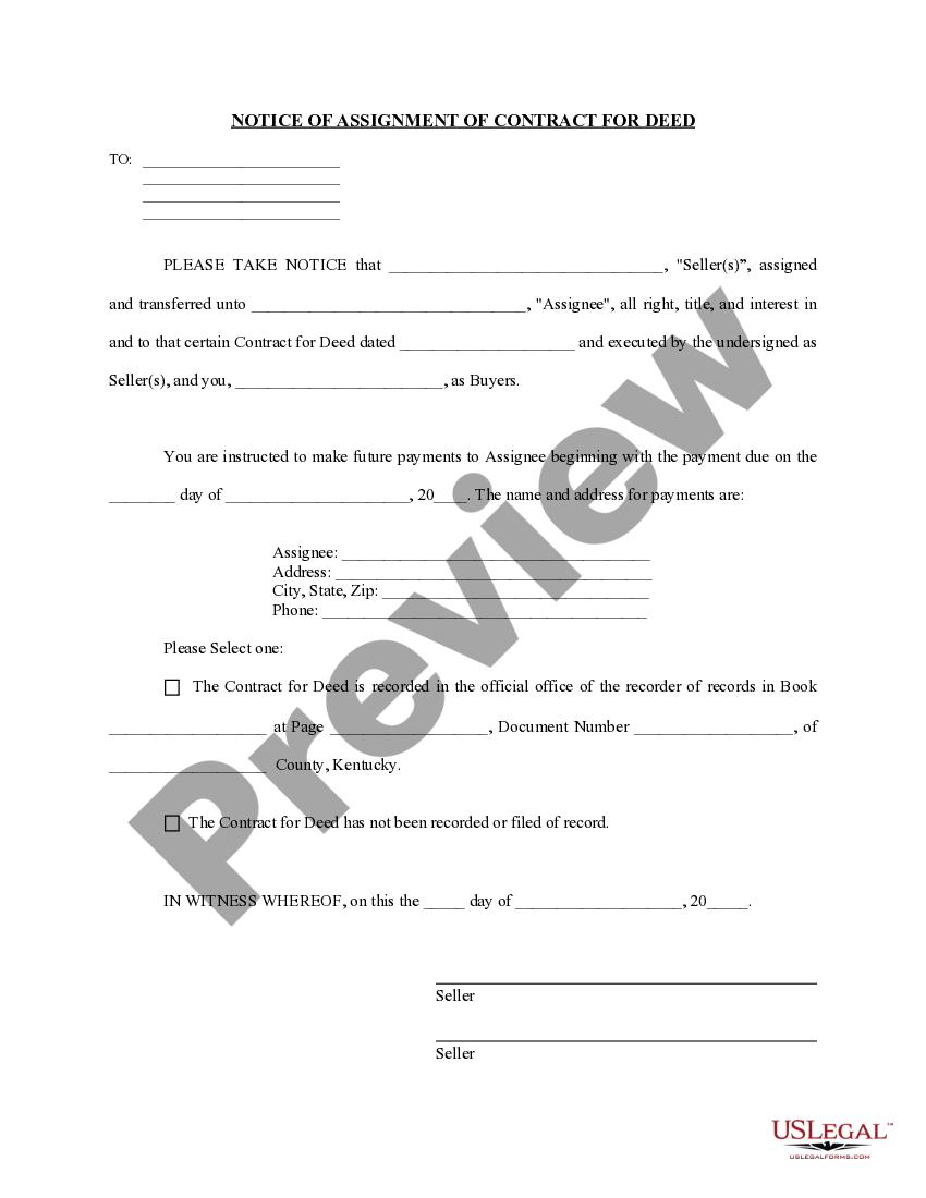 Kentucky Notice of Assignment of Contract for Deed Notice Of