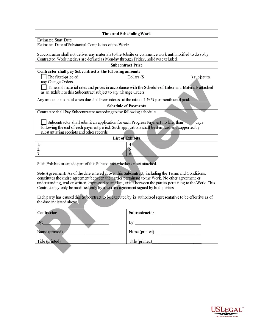 Get Subcontractor's Agreement Preview Subcontractor's Agreement