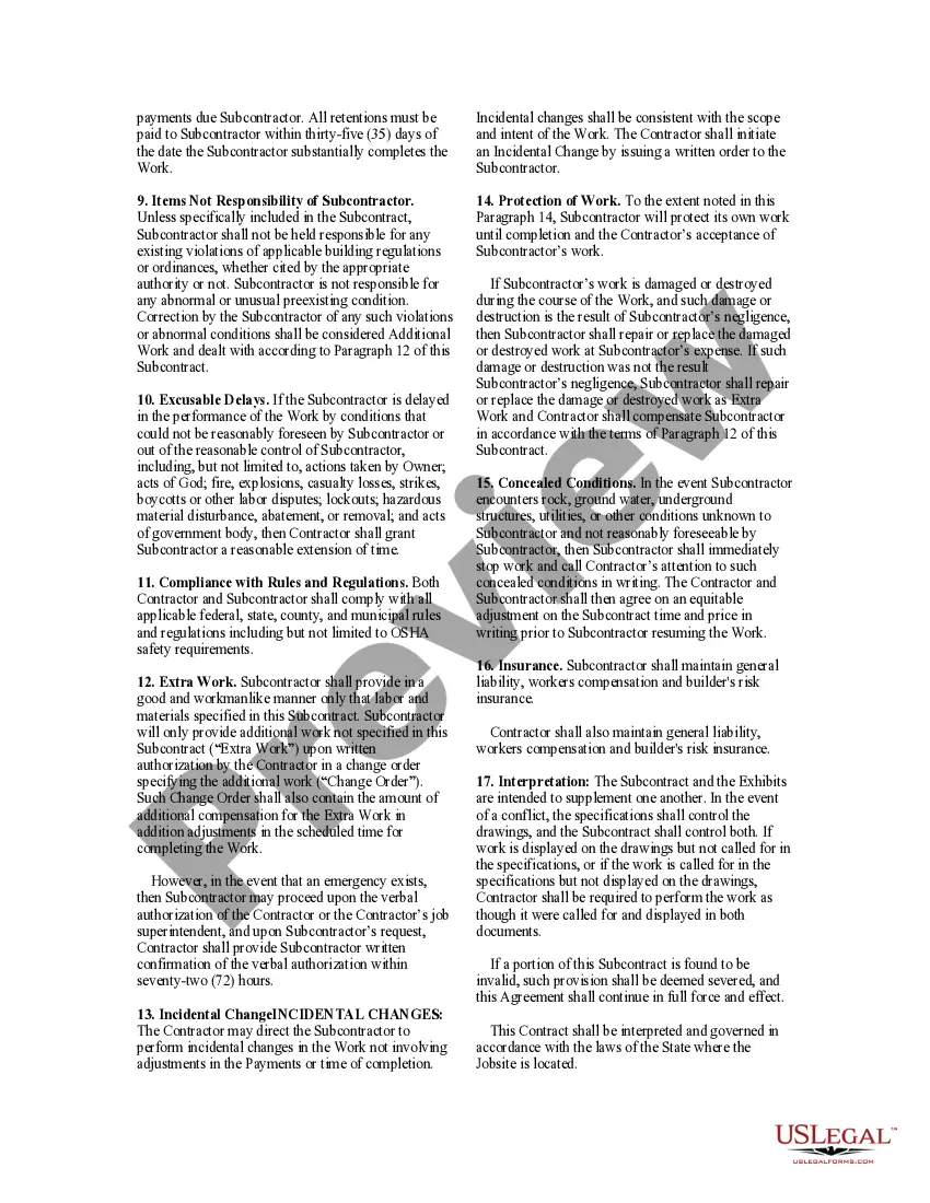 Get Subcontractor's Agreement Preview Subcontractor's Agreement