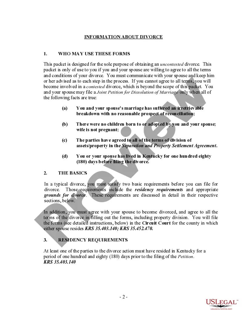 Preview Kentucky No-Fault Agreed Uncontested Divorce Package for Dissolution of Marriage for Persons with No Children with or without Property and Debts