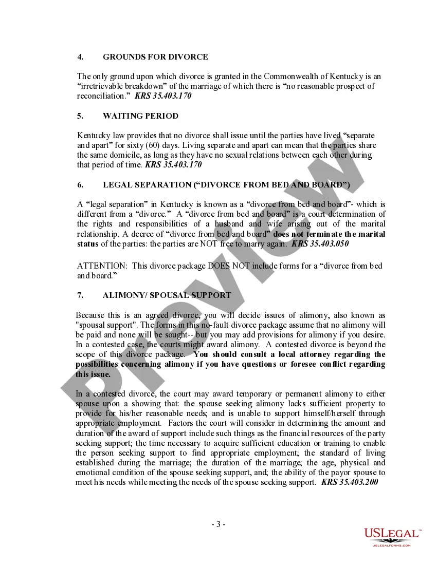 Preview Kentucky No-Fault Agreed Uncontested Divorce Package for Dissolution of Marriage for Persons with No Children with or without Property and Debts