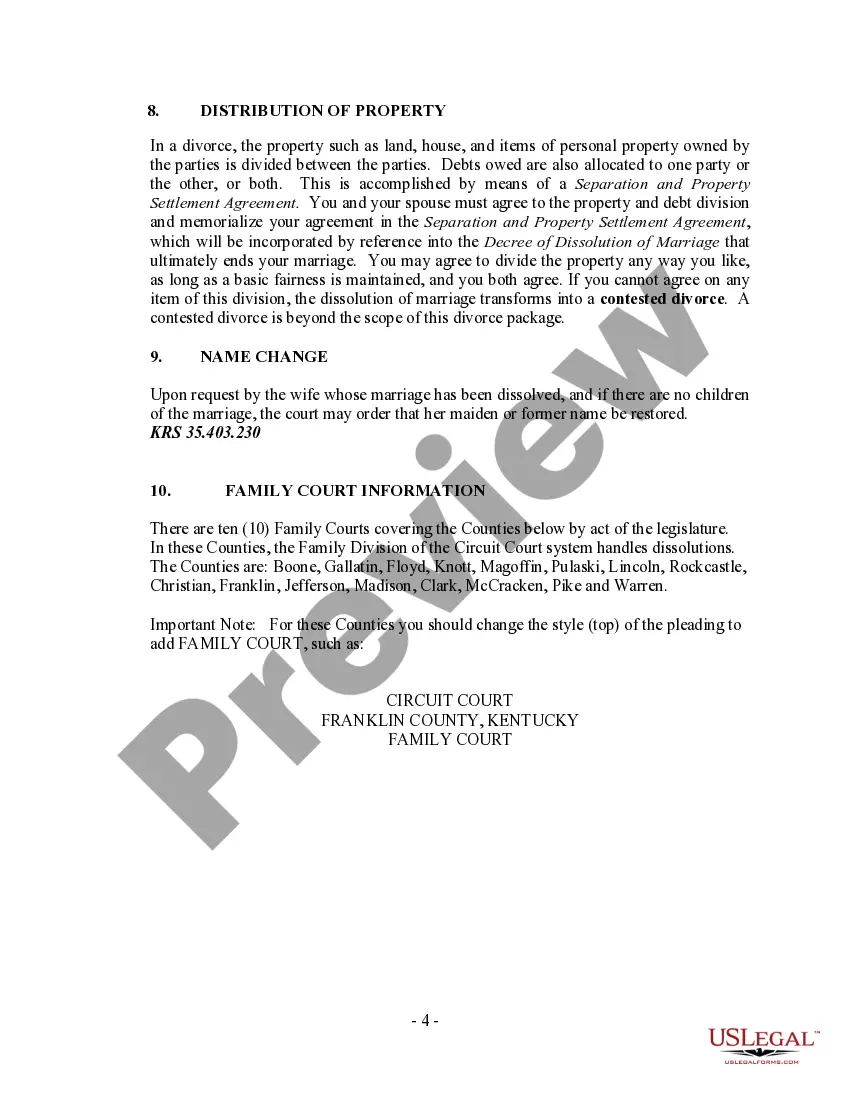 Preview Kentucky No-Fault Agreed Uncontested Divorce Package for Dissolution of Marriage for Persons with No Children with or without Property and Debts
