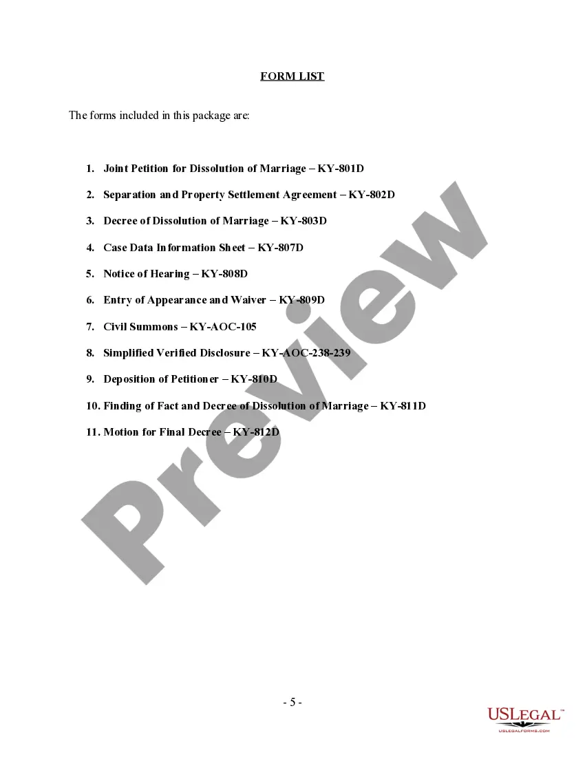 Preview Kentucky No-Fault Agreed Uncontested Divorce Package for Dissolution of Marriage for Persons with No Children with or without Property and Debts