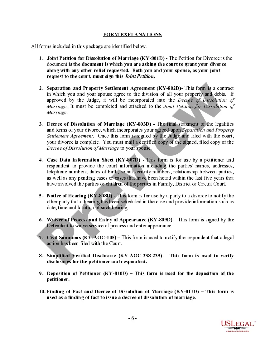 Preview Kentucky No-Fault Agreed Uncontested Divorce Package for Dissolution of Marriage for Persons with No Children with or without Property and Debts