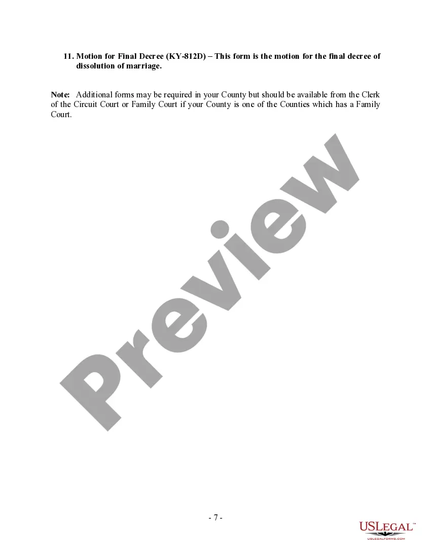 Preview Kentucky No-Fault Agreed Uncontested Divorce Package for Dissolution of Marriage for Persons with No Children with or without Property and Debts