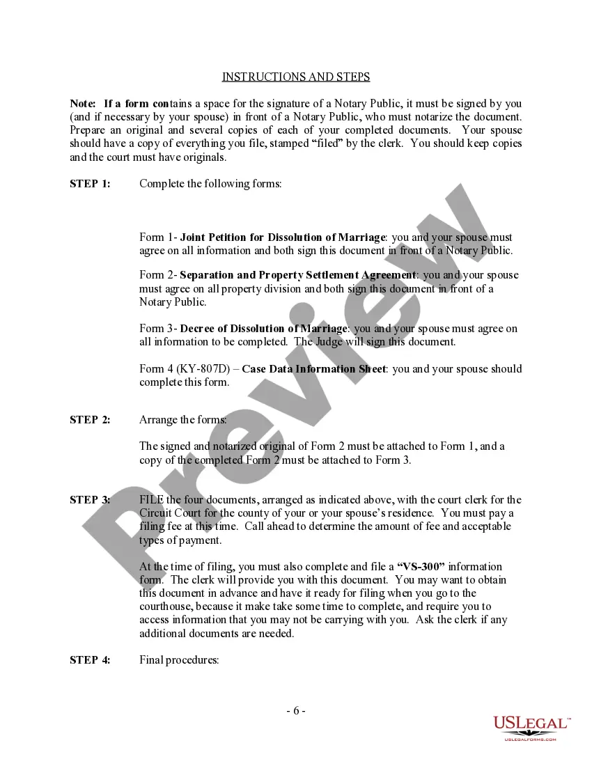 Preview Kentucky No-Fault Agreed Uncontested Divorce Package for Dissolution of Marriage for Persons with No Children with or without Property and Debts