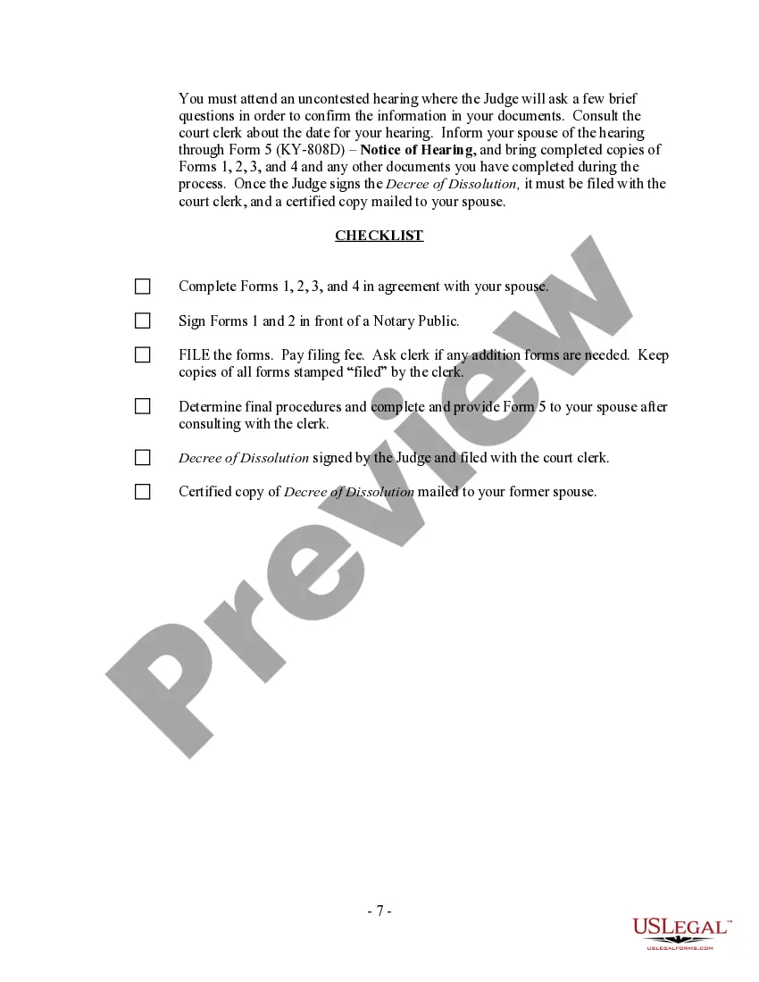 Preview Kentucky No-Fault Agreed Uncontested Divorce Package for Dissolution of Marriage for Persons with No Children with or without Property and Debts