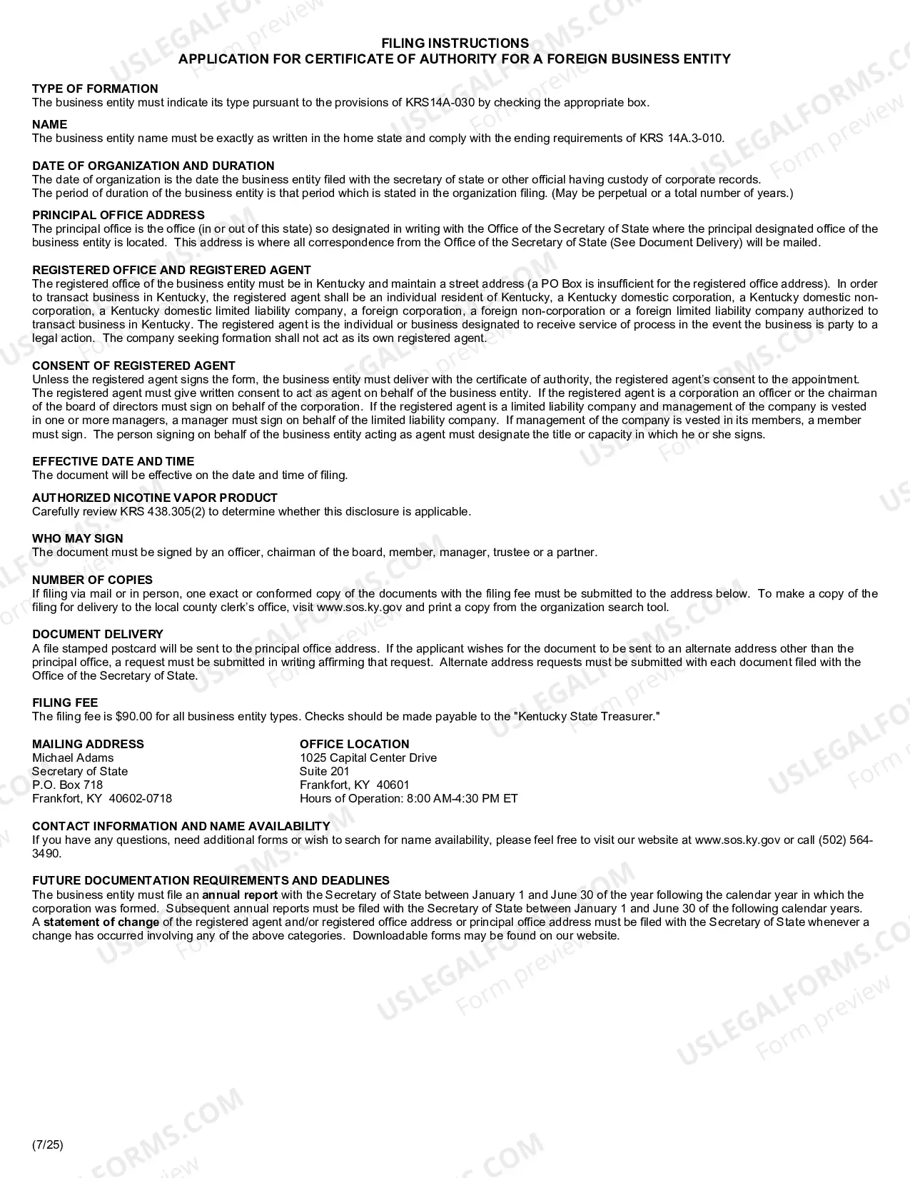 Preview Kentucky Registration of Foreign Corporation or LLC