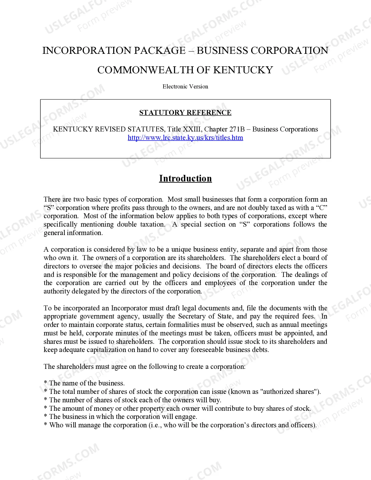Preview Kentucky Business Incorporation Package to Incorporate Corporation