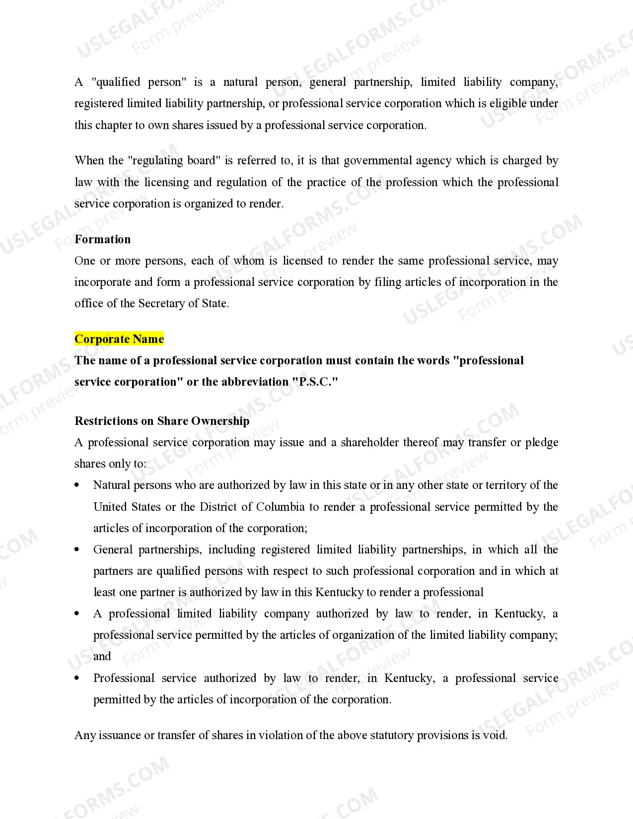 Preview Professional Corporation Package for Kentucky