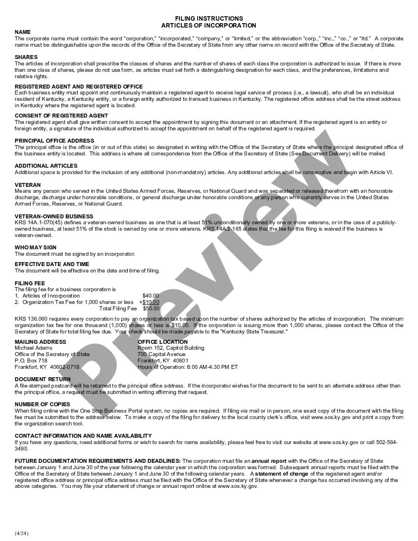 Kentucky Articles Of Incorporation For Domestic For Articles Of Incorporation Kentucky Us 3384