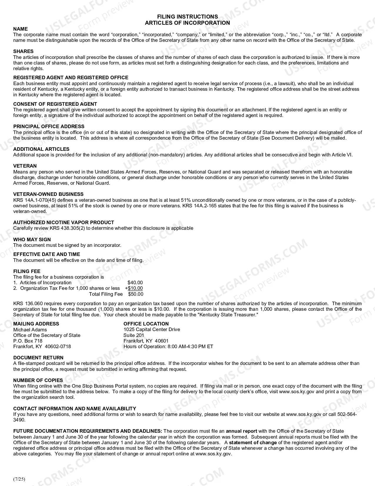 Preview Kentucky Articles of Incorporation for Domestic For-Profit Corporation