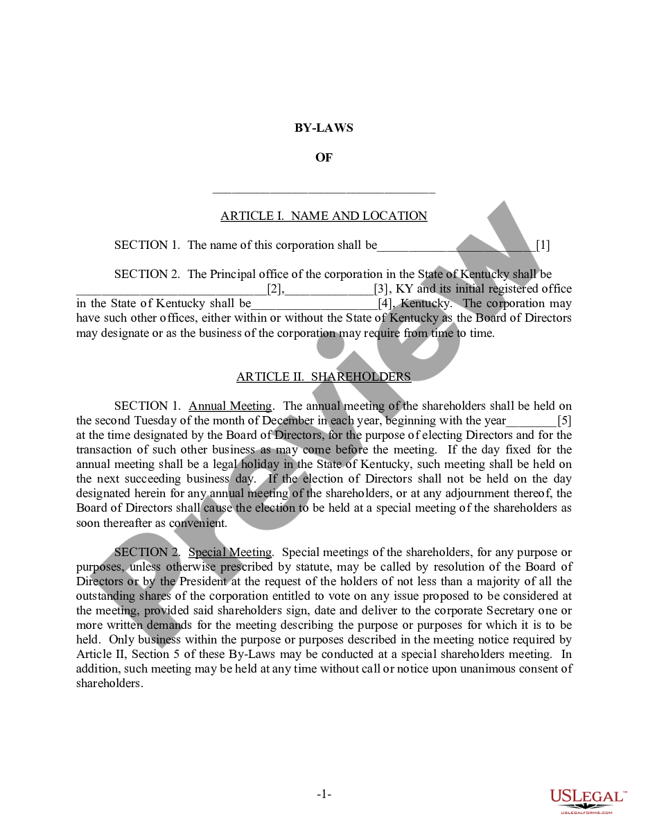 page 1 Kentucky Bylaws for Corporation preview
