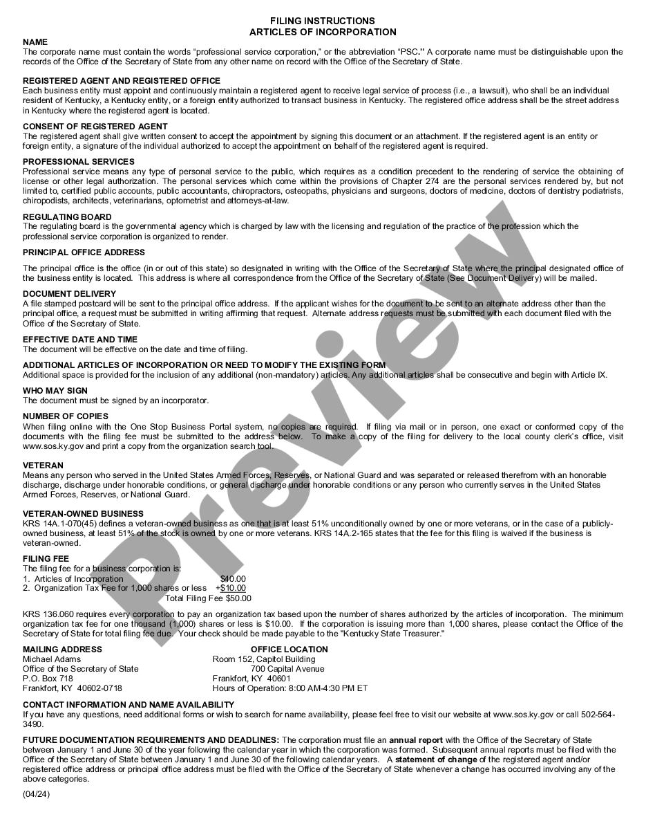 page 1 Kentucky Articles of Incorporation for Professional Service Corporation preview