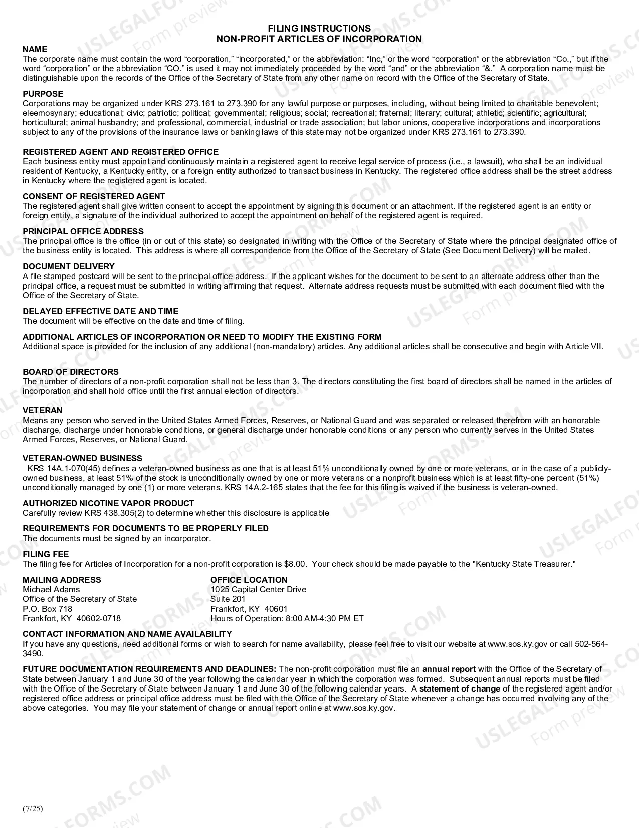 Preview Kentucky Articles of Incorporation for Domestic Nonprofit Corporation