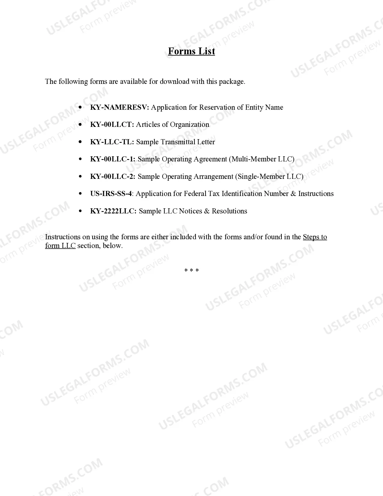 Preview Kentucky Limited Liability Company LLC Formation Package