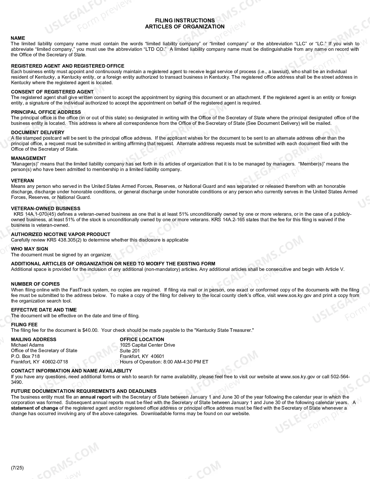 Preview Kentucky Articles of Organization for Domestic Limited Liability Company LLC