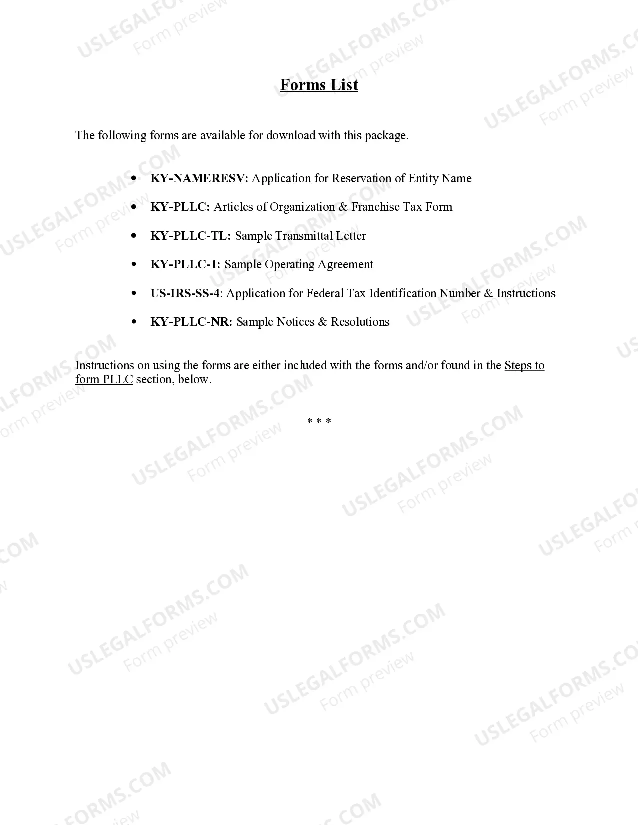 Preview Kentucky Professional Limited Liability Company PLLC Formation Package