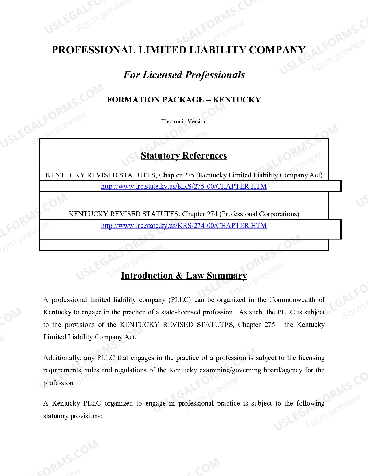 Preview Kentucky Professional Limited Liability Company PLLC Formation Package