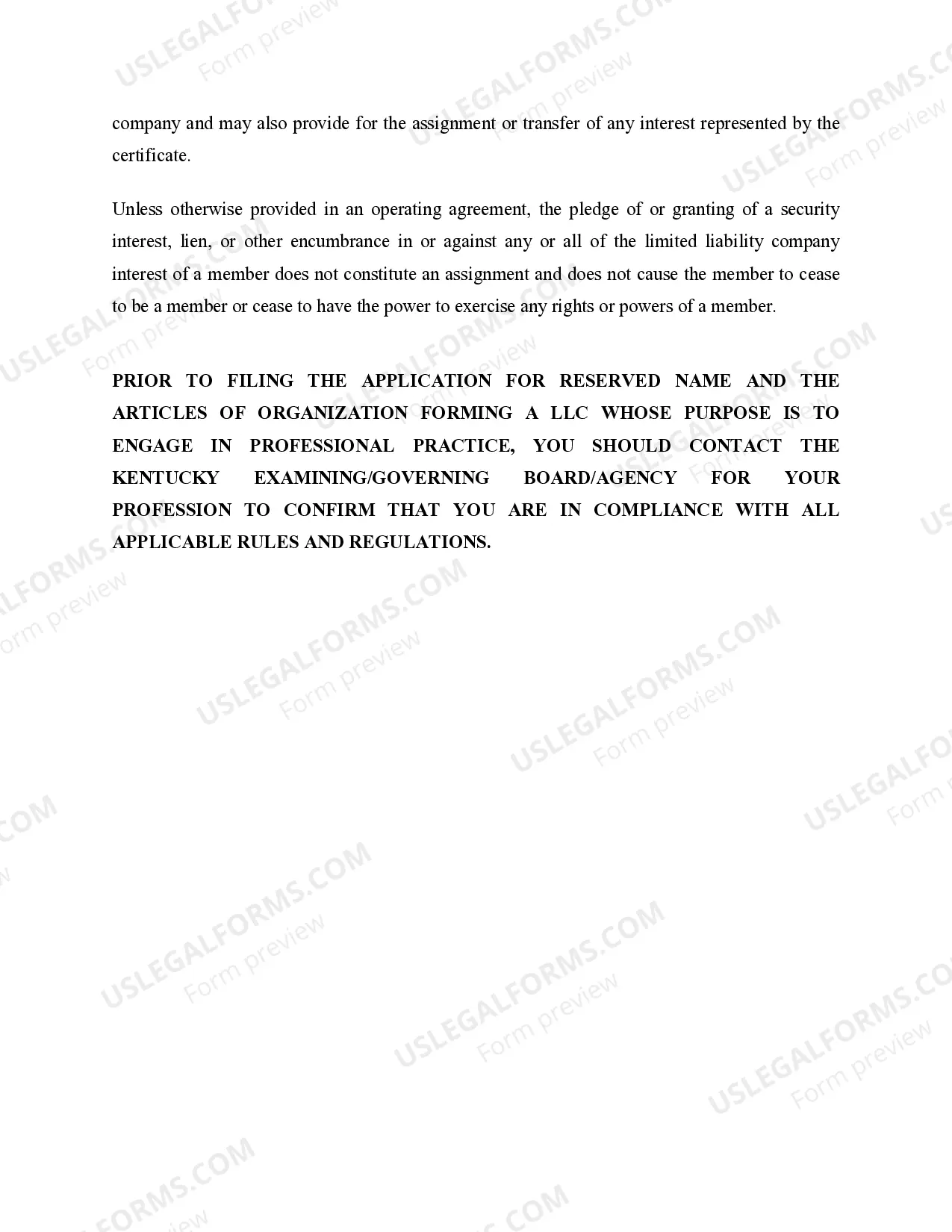 Preview Kentucky Professional Limited Liability Company PLLC Formation Package
