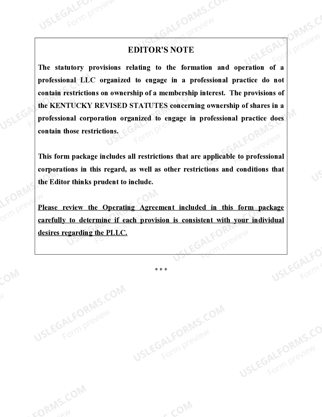 Preview Kentucky Professional Limited Liability Company PLLC Formation Package