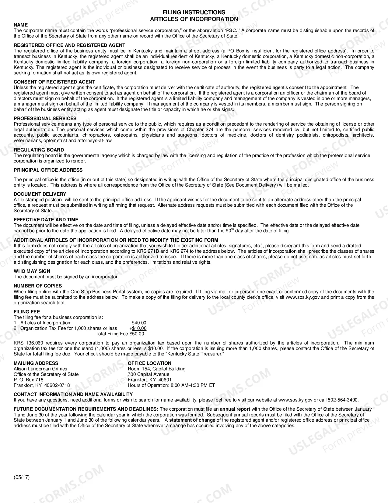 Preview Kentucky Articles of Organization for Professional Service Corporation