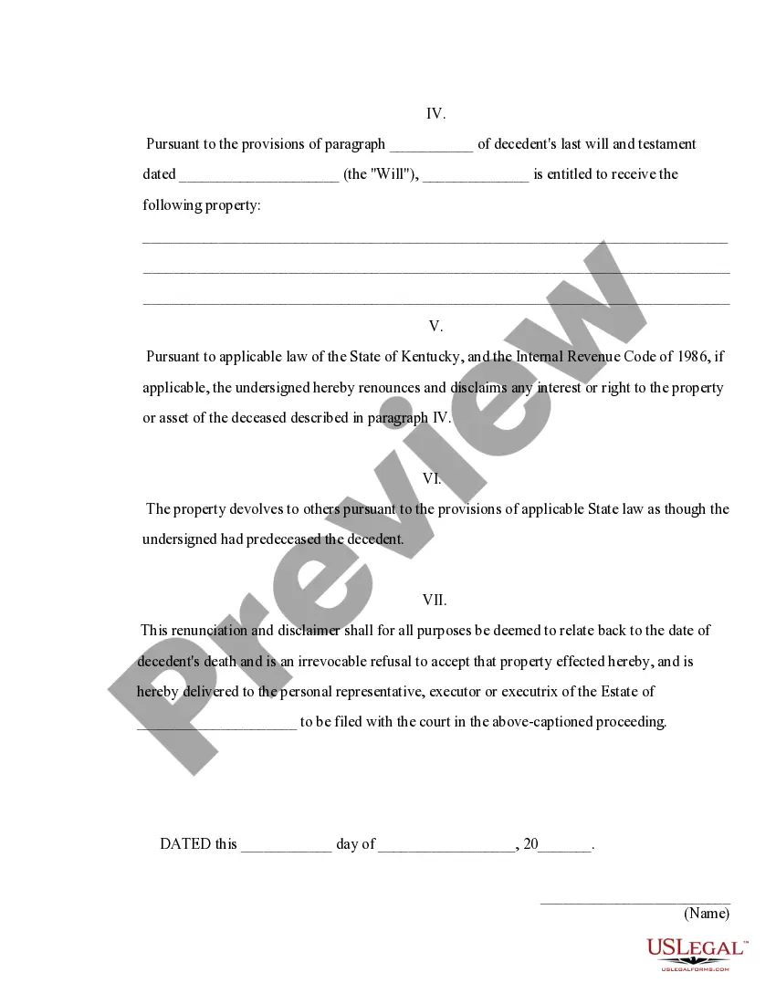 Preview Kentucky Renunciation and Disclaimer of Property from Will by Testate