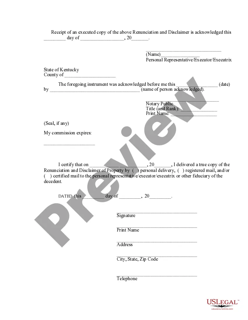 Preview Kentucky Renunciation and Disclaimer of Property from Will by Testate