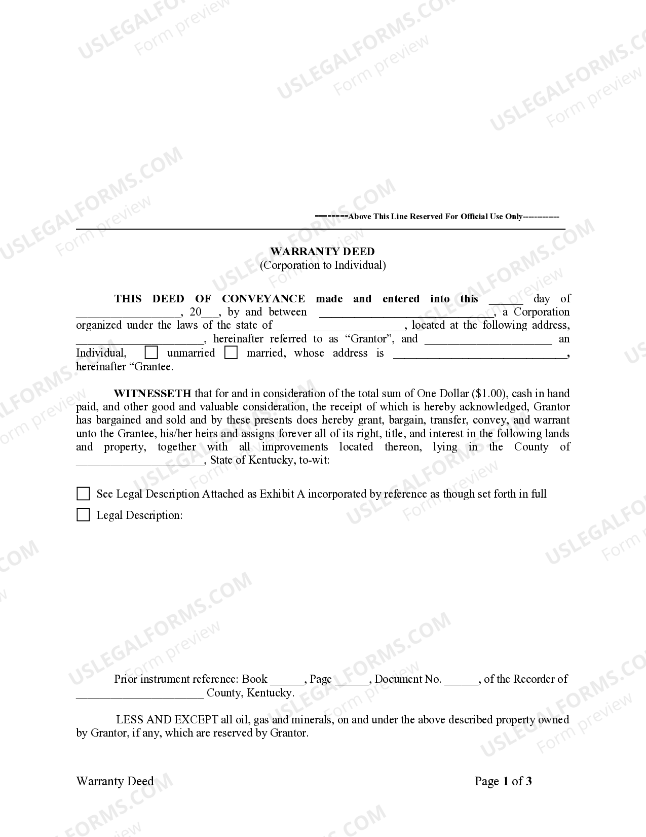 Kentucky Warranty Deed from Corporation to Individual Special