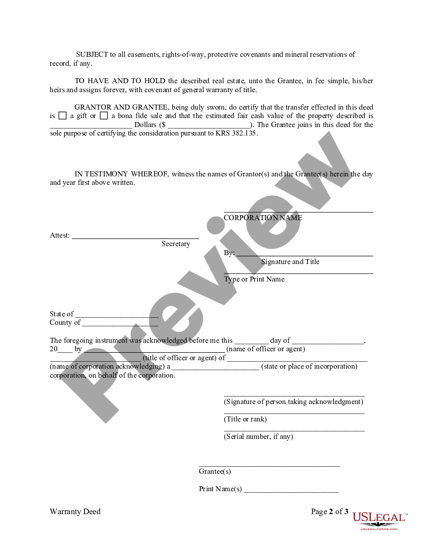 Kentucky Warranty Deed from Corporation to Individual - Special ...