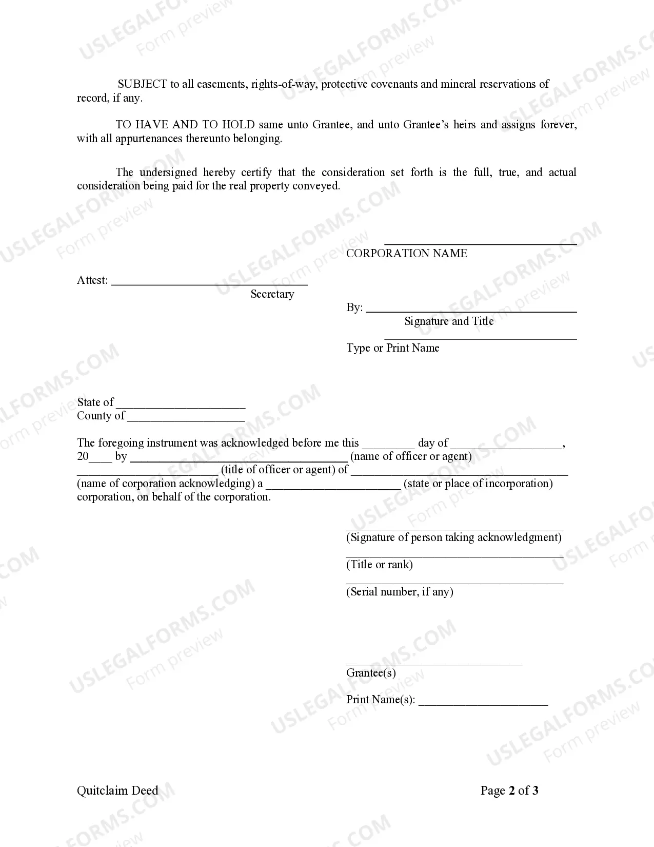 Preview Quitclaim Deed from Corporation to LLC