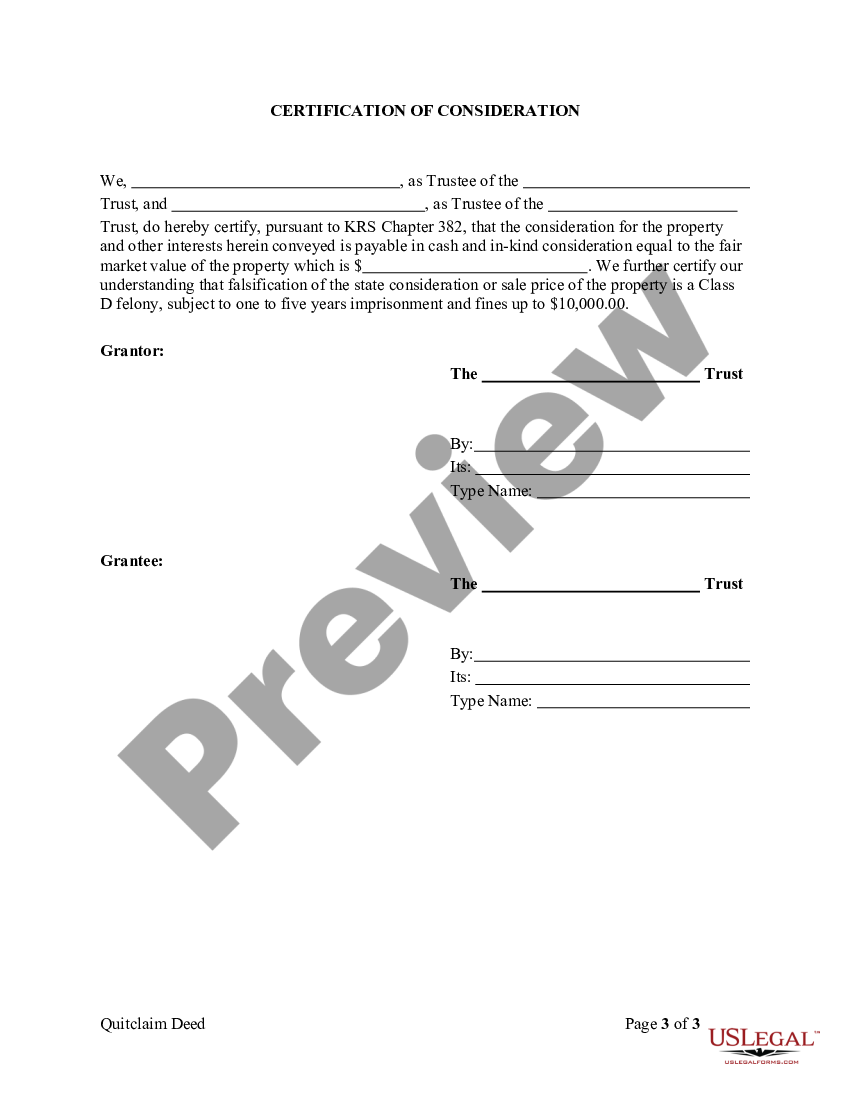 Kentucky Quitclaim Deed - Trust to Trust | US Legal Forms