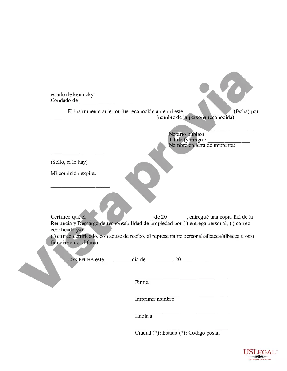 Preview Renuncia y descargo de responsabilidad de inquilino conjunto o interés de arrendamiento de Kentucky