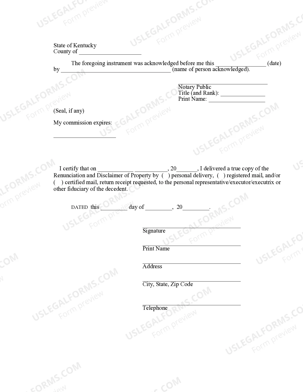 Preview Kentucky Renunciation and Disclaimer of Joint Tenant or Tenancy Interest