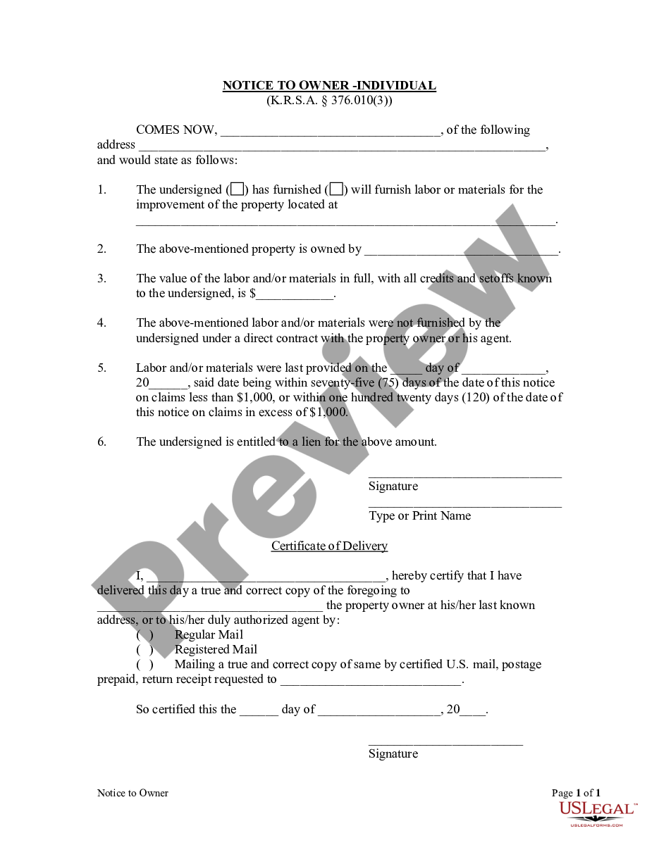 form Notice to Owner - Individual preview