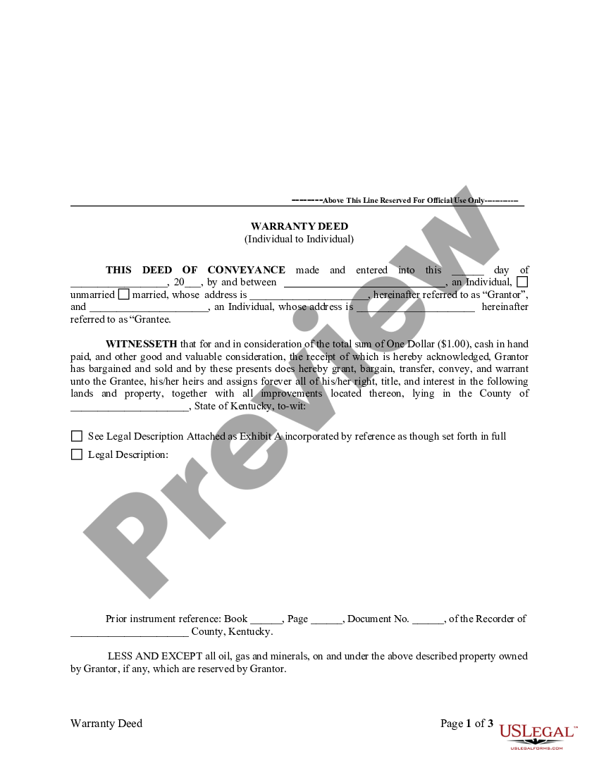 Kentucky Warranty Deed from Individual to Individual | US Legal Forms