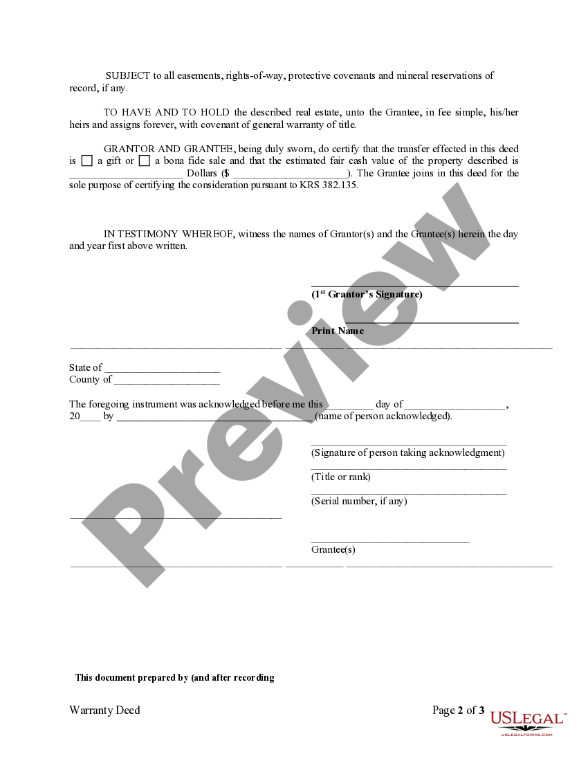 Kentucky Warranty Deed from Individual to Individual US Legal Forms
