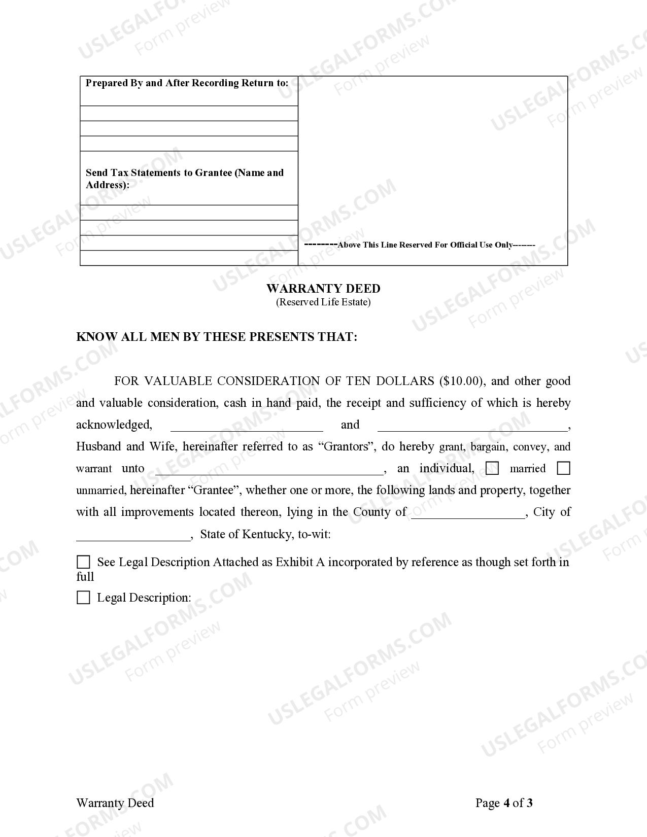 Kentucky Warranty Deed to Child Reserving a Life Estate in the Parents