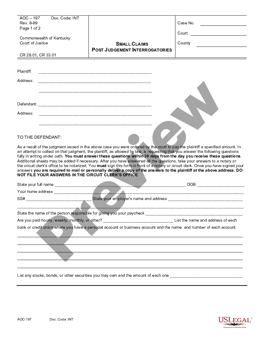 Kentucky Post Judgment Interrogatories Post Judgment Interrogatories Sample Us Legal Forms 3603