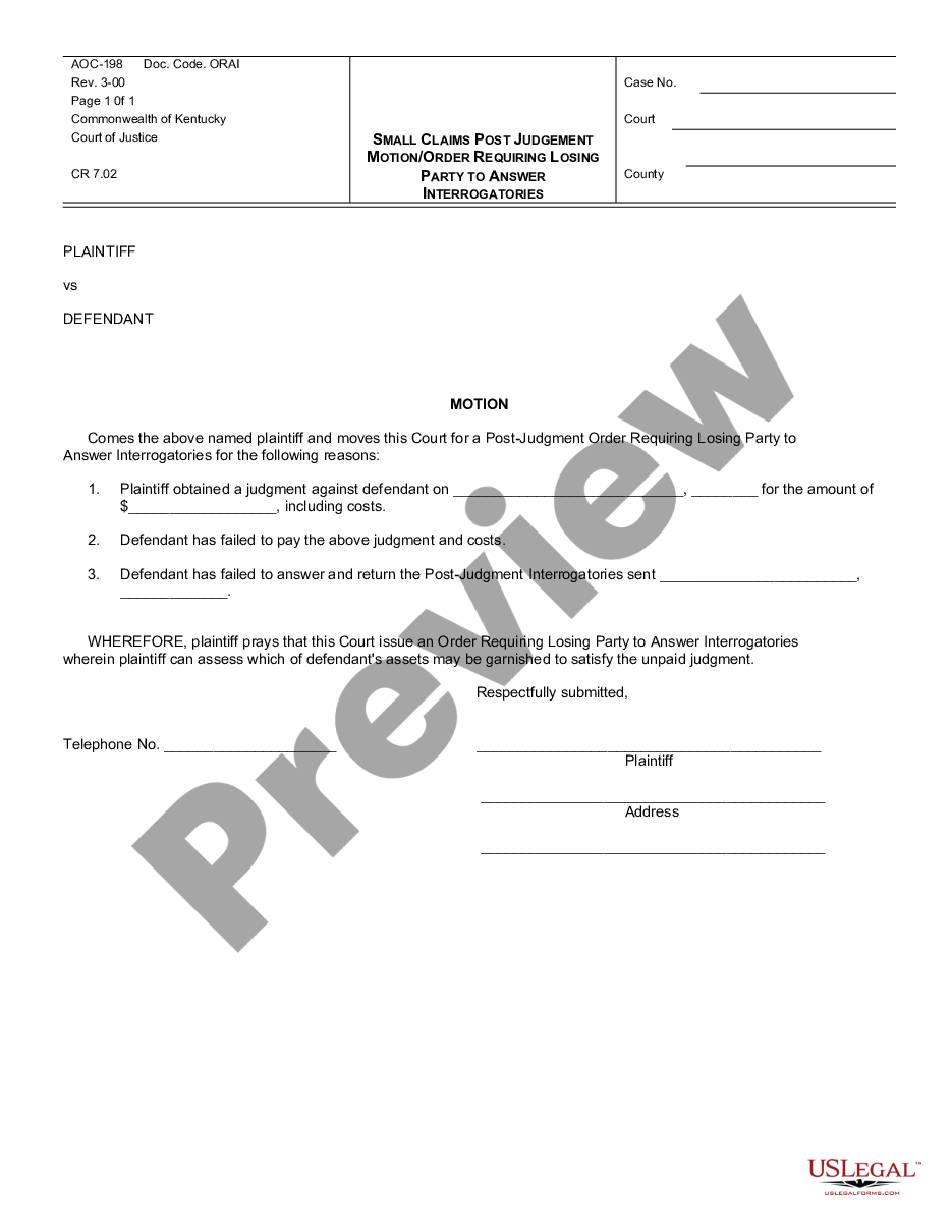 Kentucky Motion Pro Se Motion Form Kentucky US Legal Forms