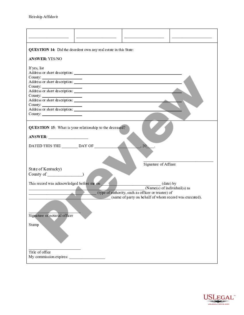 Kentucky Heirship Affidavit Descent Affidavit Of Descent Kentucky Us Legal Forms 7898