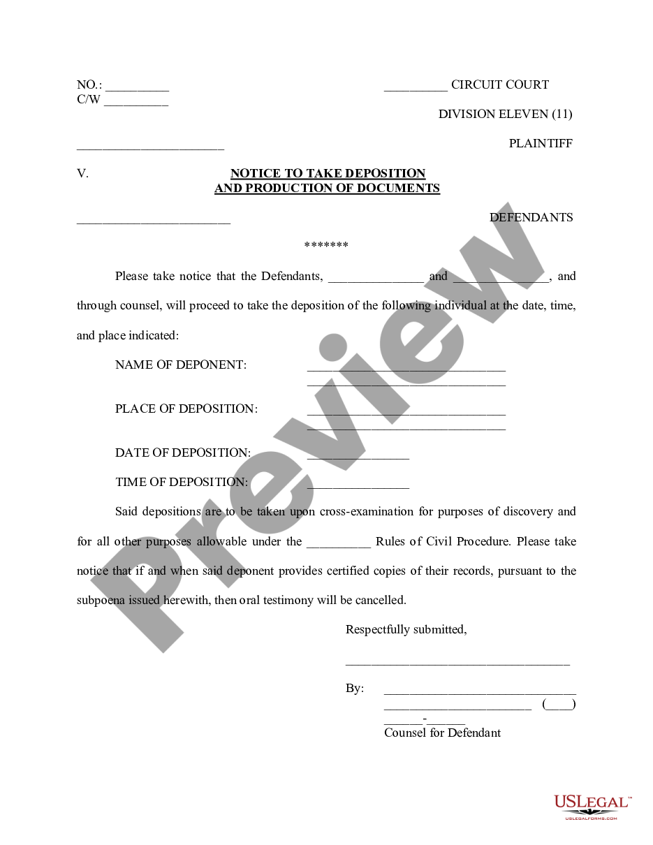 page 0 Notice to Take Deposition and Production of Documents preview